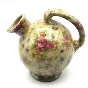 Vintage Floral Oil Bottle Handpainted Pottery Gilt Trim Japan 5x4.5" MM Studio